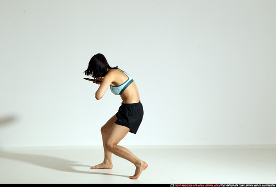 Woman Young Athletic White Fighting with knife Moving poses Casual