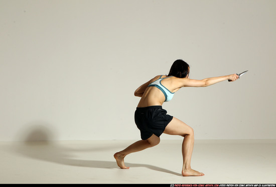 Woman Young Athletic White Fighting with knife Moving poses Casual