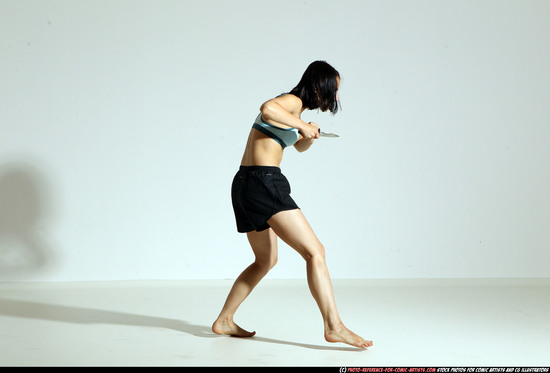 Woman Young Athletic White Fighting with knife Moving poses Casual