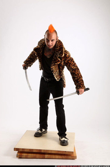 Man Adult Athletic White Fighting with sword Standing poses Coat