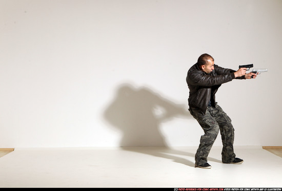 Man Adult Athletic White Fighting with gun Moving poses Jacket