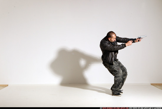 Man Adult Athletic White Fighting with gun Moving poses Jacket