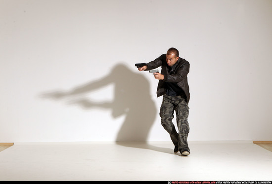 Man Adult Athletic White Fighting with gun Moving poses Jacket