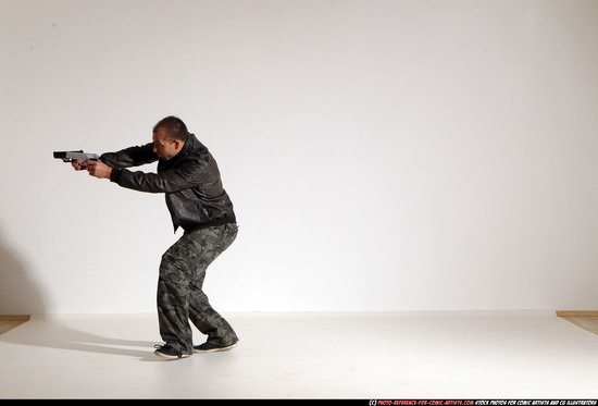 Man Adult Athletic White Fighting with gun Moving poses Jacket