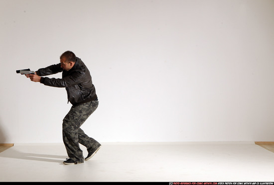 Man Adult Athletic White Fighting with gun Moving poses Jacket