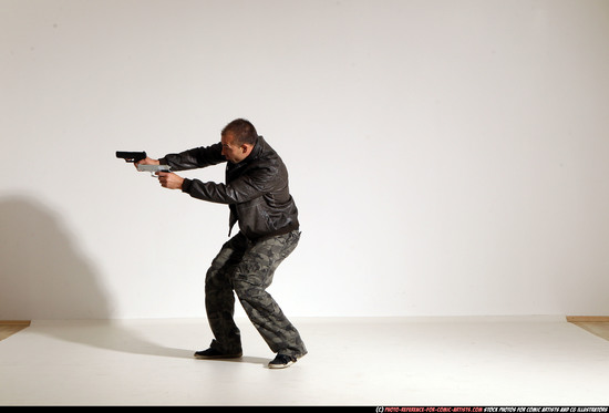 Man Adult Athletic White Fighting with gun Moving poses Jacket