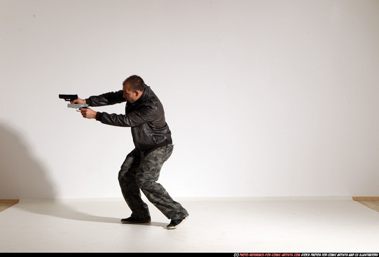 Man Adult Athletic White Fighting with gun Moving poses Jacket