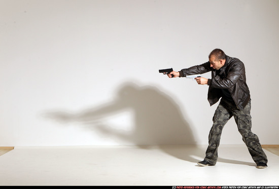 Man Adult Athletic White Fighting with gun Moving poses Jacket