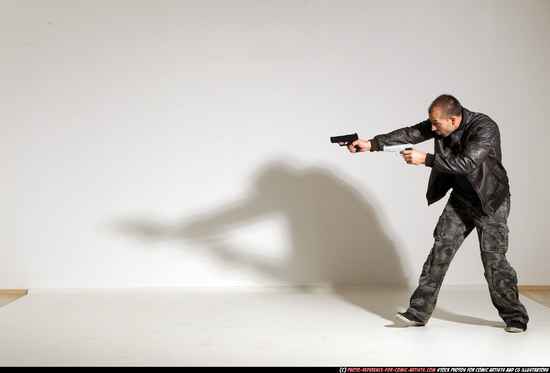 Man Adult Athletic White Fighting with gun Moving poses Jacket