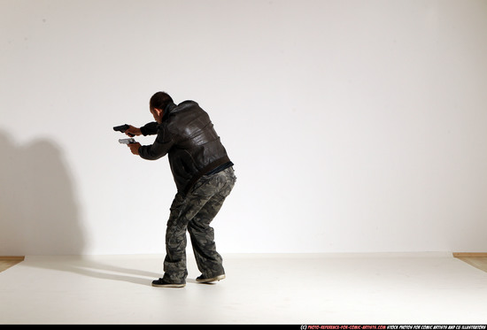 Man Adult Athletic White Fighting with gun Moving poses Jacket