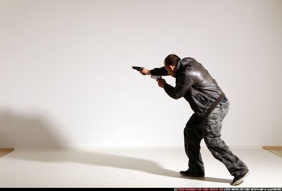 Man Adult Athletic White Fighting with gun Moving poses Jacket