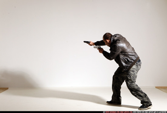 Man Adult Athletic White Fighting with gun Moving poses Jacket