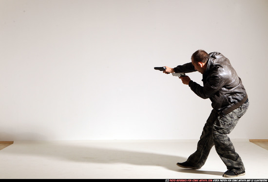 Man Adult Athletic White Fighting with gun Moving poses Jacket