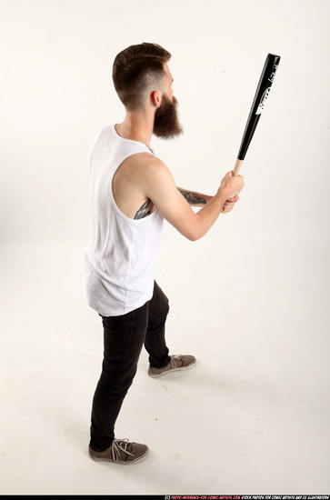 Man Adult Athletic White Standing poses Casual Fighting with bat