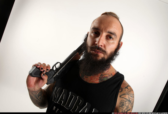 Man Adult Athletic White Standing poses Army Fighting with shotgun