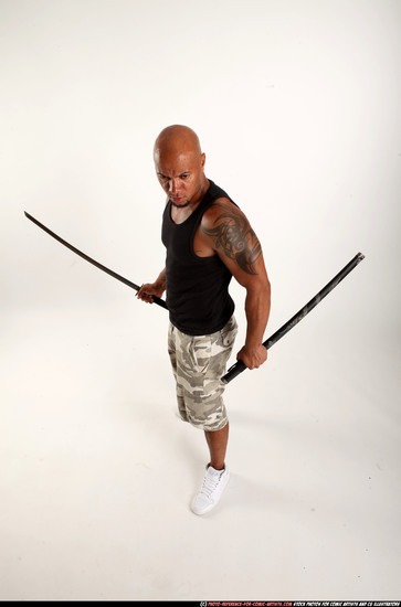 Man Adult Athletic Black Fighting with sword Standing poses Army