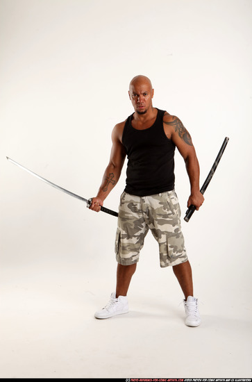 Man Adult Athletic Black Fighting with sword Standing poses Army