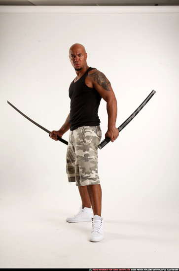 Man Adult Athletic Black Fighting with sword Standing poses Army