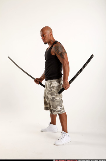 Man Adult Athletic Black Fighting with sword Standing poses Army