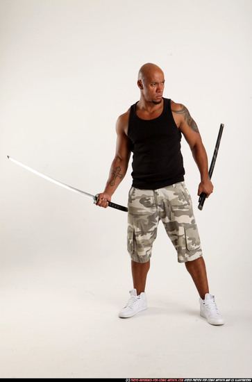 Man Adult Athletic Black Fighting with sword Standing poses Army