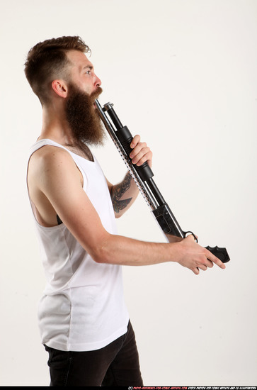 Man Adult Athletic White Standing poses Casual Fighting with shotgun