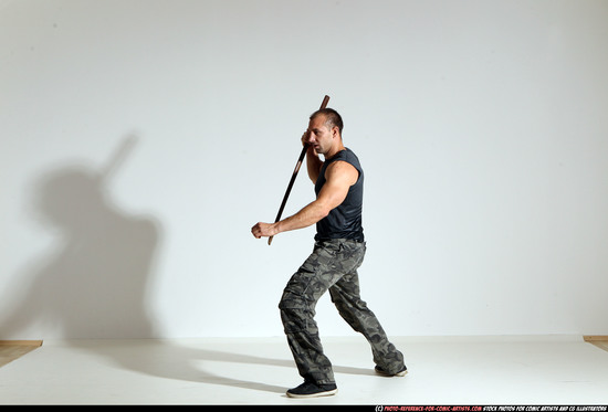 Man Adult Athletic White Fighting with sword Moving poses Casual