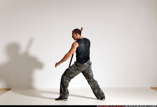 Man Adult Athletic White Fighting with sword Moving poses Casual