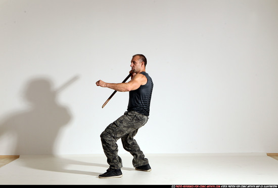 Man Adult Athletic White Fighting with sword Moving poses Casual