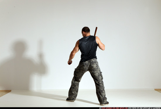 Man Adult Athletic White Fighting with sword Moving poses Casual