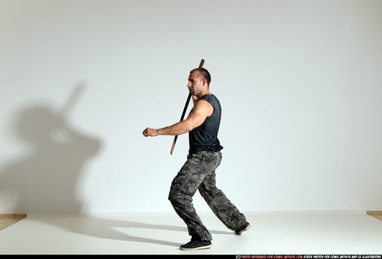 Man Adult Athletic White Fighting with sword Moving poses Casual