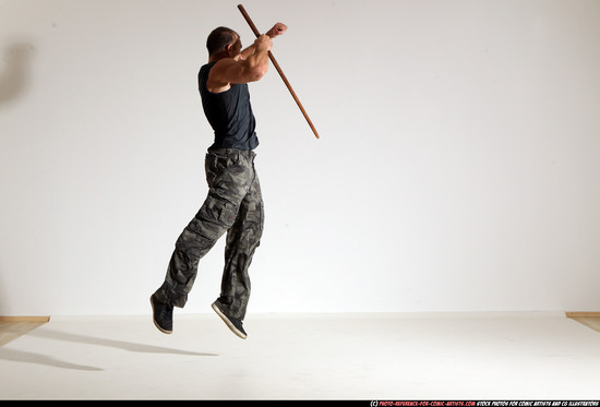 Man Adult Athletic White Fighting with sword Moving poses Casual