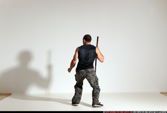 Man Adult Athletic White Fighting with sword Moving poses Casual