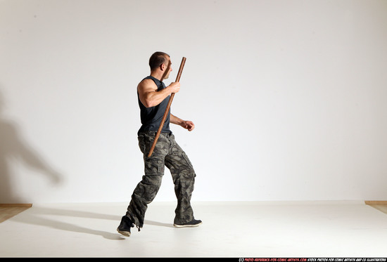 Man Adult Athletic White Fighting with sword Moving poses Casual