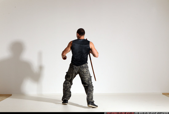 Man Adult Athletic White Fighting with sword Moving poses Casual