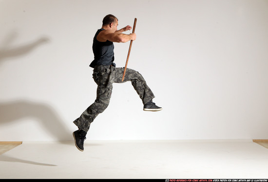 Man Adult Athletic White Fighting with sword Moving poses Casual