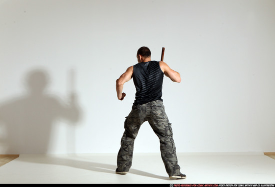 Man Adult Athletic White Fighting with sword Moving poses Casual