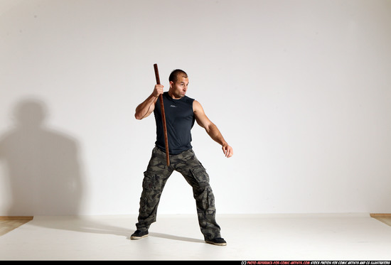 Man Adult Athletic White Fighting with sword Moving poses Casual