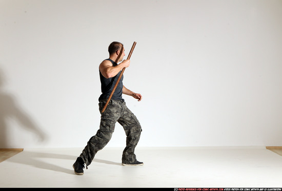 Man Adult Athletic White Fighting with sword Moving poses Casual