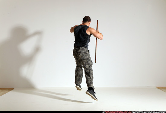 Man Adult Athletic White Fighting with sword Moving poses Casual