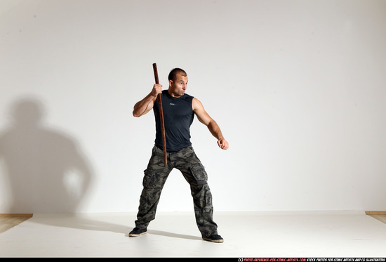 Man Adult Athletic White Fighting with sword Moving poses Casual