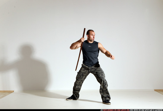 Man Adult Athletic White Fighting with sword Moving poses Casual