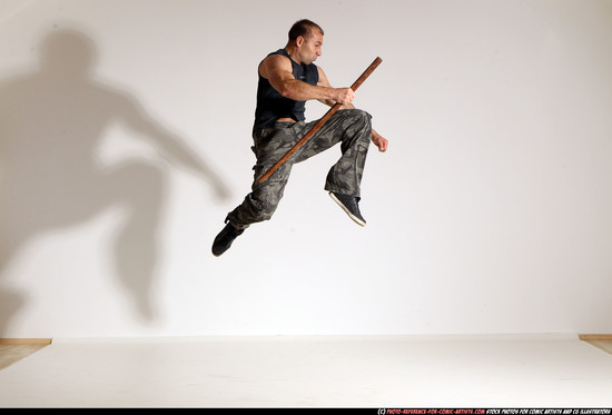 Man Adult Athletic White Fighting with sword Moving poses Casual