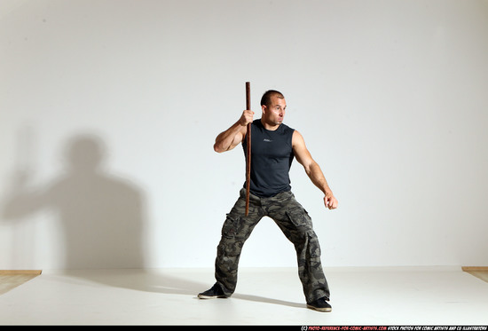 Man Adult Athletic White Fighting with sword Moving poses Casual