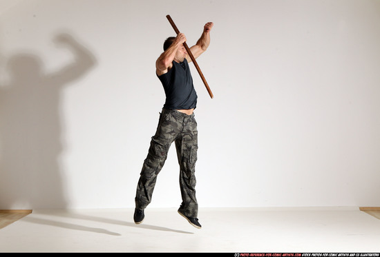 Man Adult Athletic White Fighting with sword Moving poses Casual