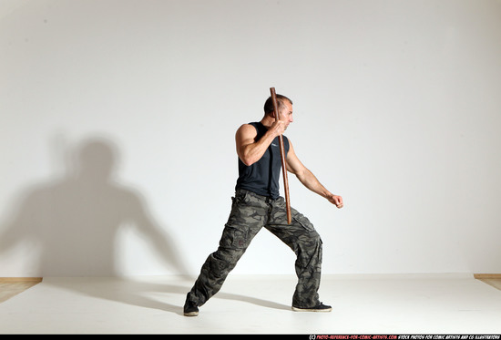 Man Adult Athletic White Fighting with sword Moving poses Casual