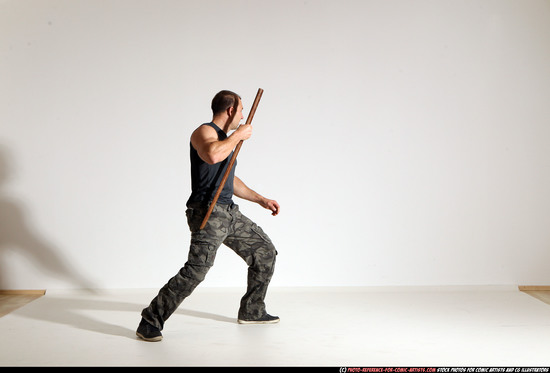 Man Adult Athletic White Fighting with sword Moving poses Casual