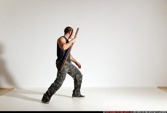 Man Adult Athletic White Fighting with sword Moving poses Casual