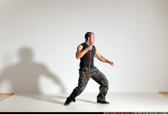 Man Adult Athletic White Fighting with sword Moving poses Casual