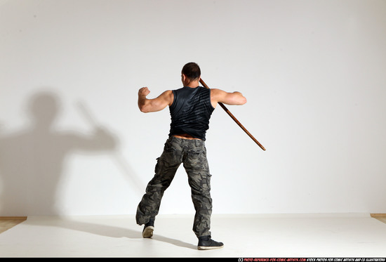 Man Adult Athletic White Fighting with sword Moving poses Casual