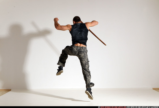 Man Adult Athletic White Fighting with sword Moving poses Casual